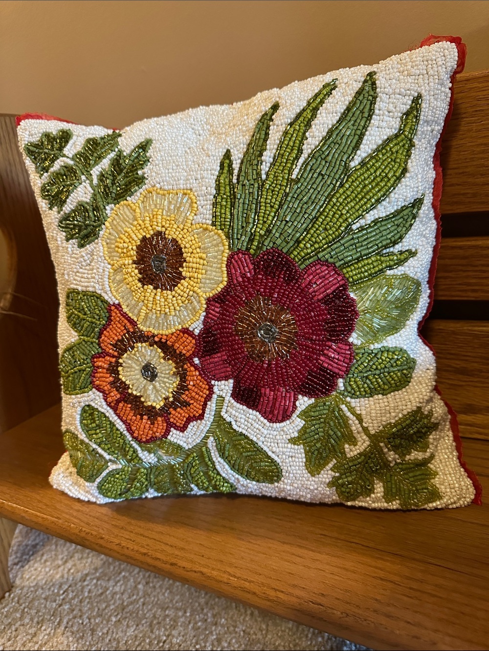 Beaded Floral Throw Pillow in Red, Yellow, Orange & Green